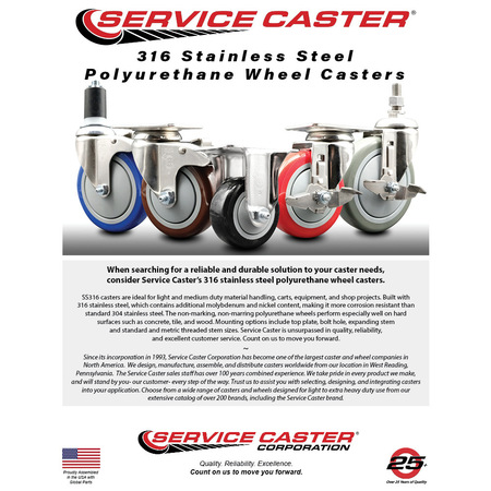 Service Caster 3.5 Inch 316SS Gray Polyurethane Swivel Plate Caster Lock Brake 2 Rigid, 2PK SCC-SS316TTL20S3514-PPUB-2-R-2